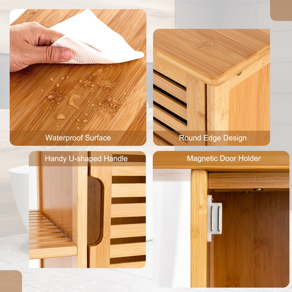 Bamboo bathroom storage cabinet detail showing waterproof surface, round edges, and U-shaped handle for easy access.