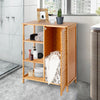 Bamboo bathroom storage cabinet with single louvered door and three shelves for organized bathroom supplies.