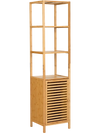 Slim bamboo floor storage cabinet with four shelves and shutter door, ideal for compact spaces in bathrooms or kitchens.