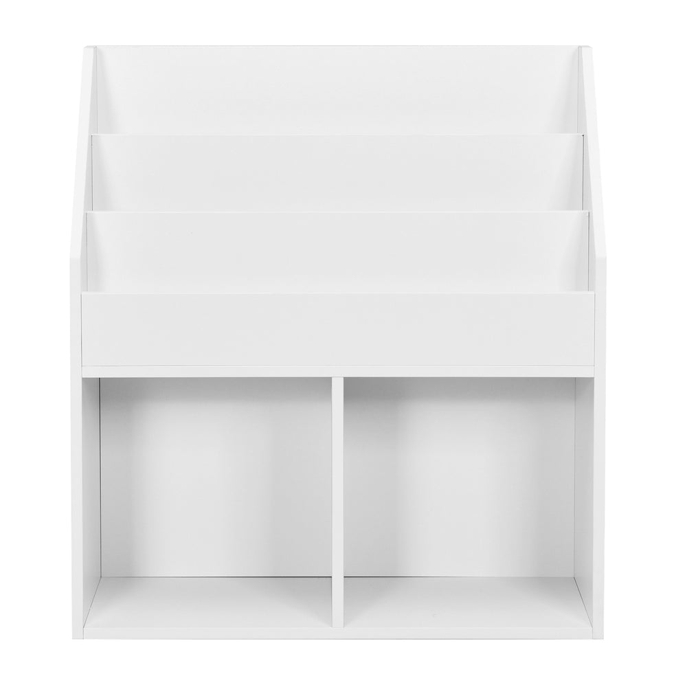 White kids wooden bookshelf with 3 upper tiers and 2 lower open shelves for toy and book organization. Ideal for.