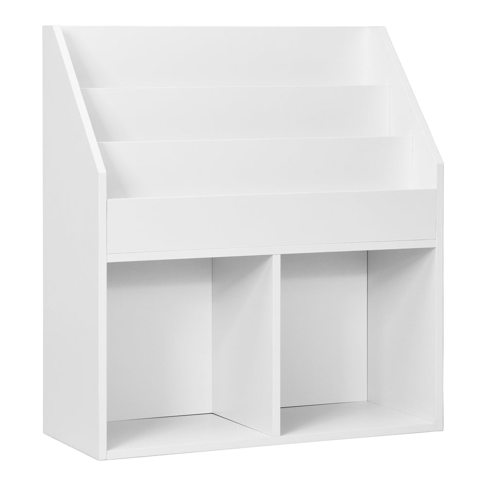 Kids wooden bookshelf in white with 3-tier shelves and 2 open compartments for toy and book organization.