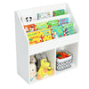 Kids wooden bookshelf with 3-tier shelves and 2 open compartments for toy and book storage, ideal for children's rooms.