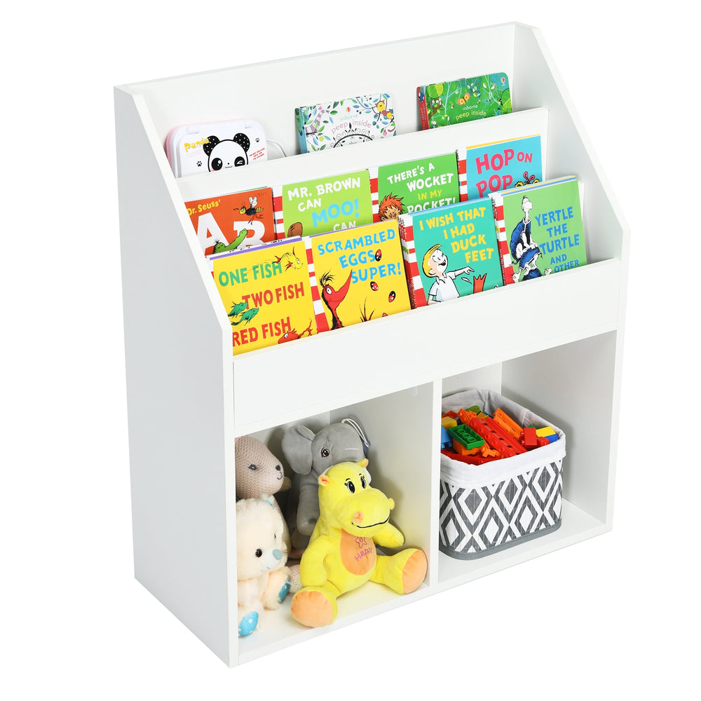 Kids wooden bookshelf with 3-tier shelves and 2 open compartments for toy and book storage, ideal for children's rooms.