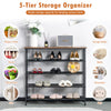 5-tier metal shoe rack with wooden tabletop, adjustable feet, and ample storage for shoes and items in any room.