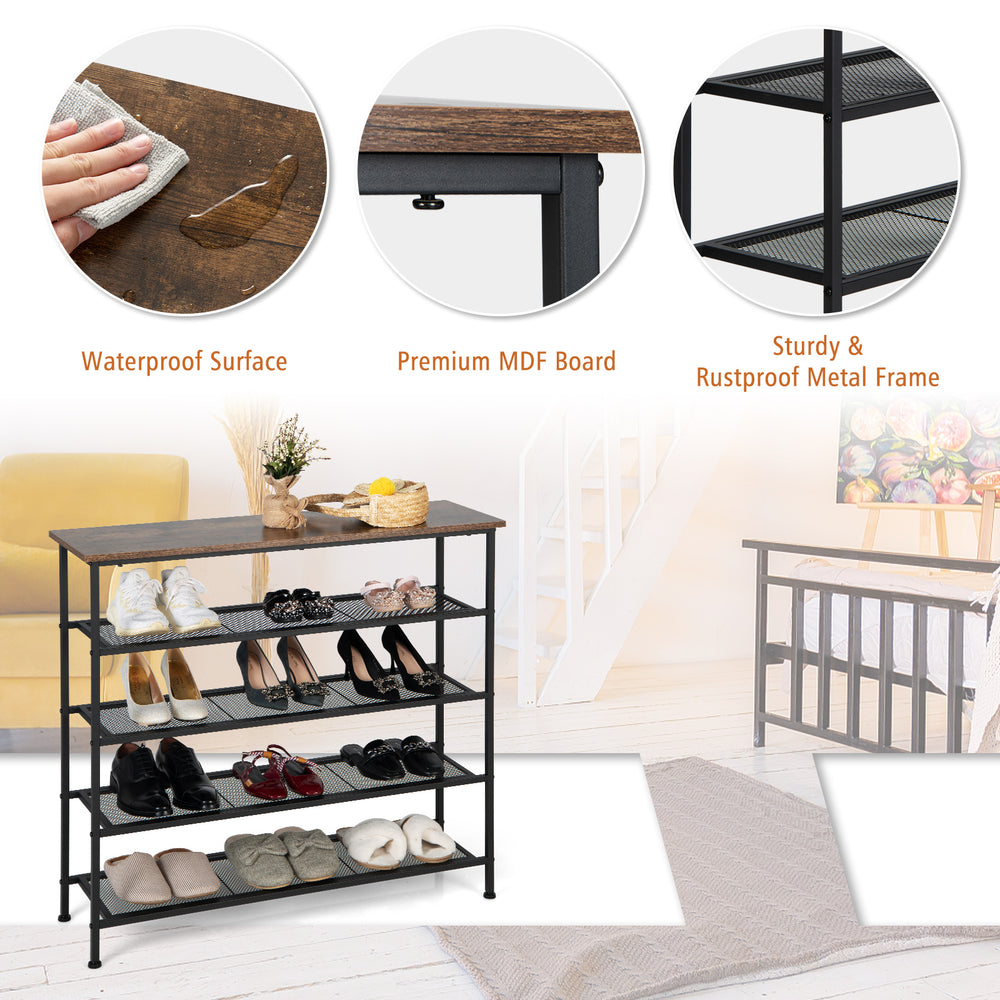 Industrial 5-tier metal shoe rack with adjustable feet, sturdy frame, and wooden tabletop for versatile storage.