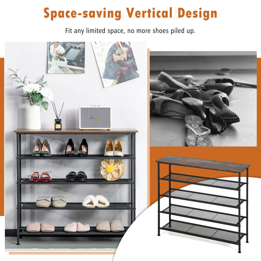 5-tier industrial metal shoe rack with wooden tabletop, adjustable feet, and ample storage for shoes and items.