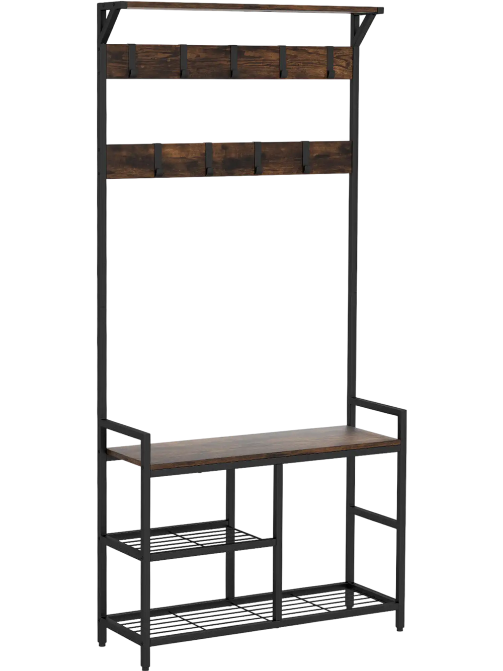 Freestanding hall tree with shoe bench in rustic brown, featuring 9 removable hooks and sturdy metal frame for hallway.