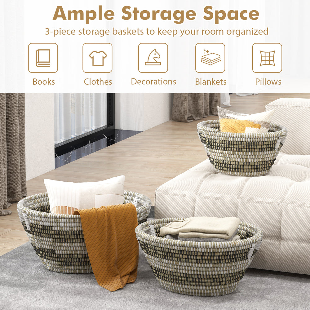 Set of 3 natural canes grass baskets with hollowed handles, perfect for organized storage of clothes and blankets.