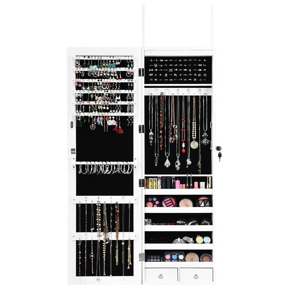 Wall-mounted lockable jewelry cabinet with LED light, featuring a full-length mirror and ample storage for accessories.