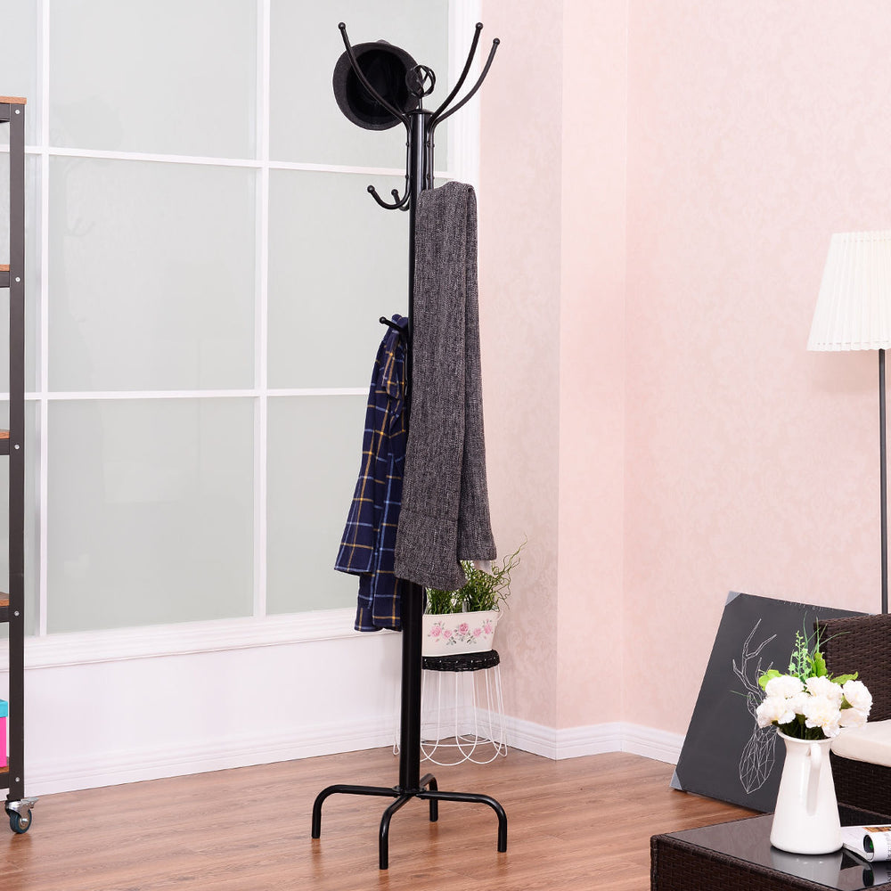 Elegant metal coat rack with 12 hooks, showcasing a stylish design, perfect for hanging coats and hats in any room.