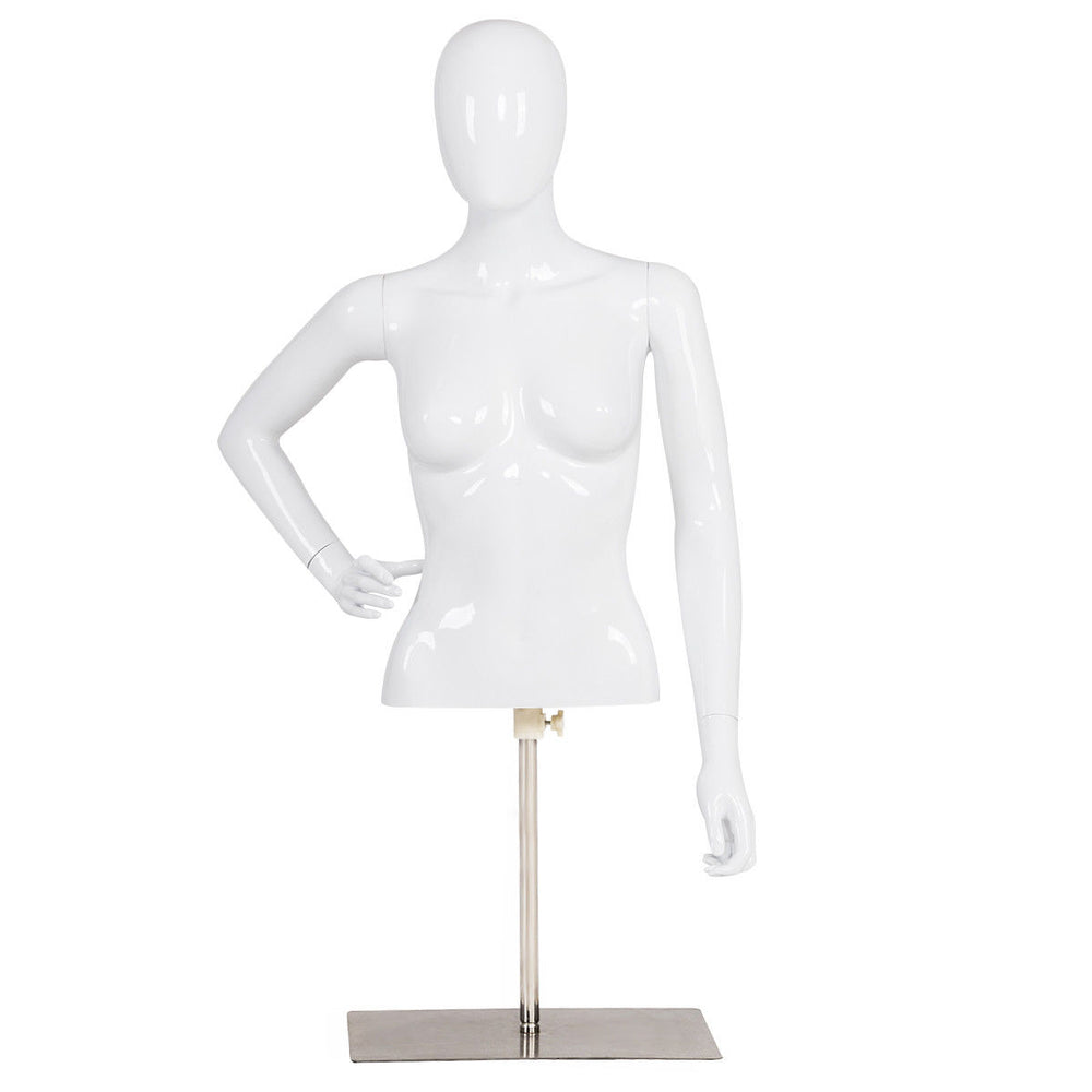 White female mannequin torso with adjustable height and metal stand, ideal for showcasing clothing styles.