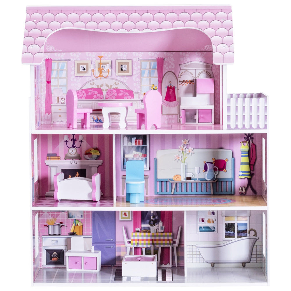 28-inch pink dollhouse featuring 5 rooms, balcony, and 8 colorful furniture pieces for imaginative play.