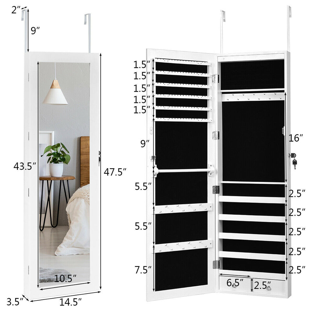 Wall mounted lockable jewelry cabinet with full-length mirror, LED lights, and spacious storage for accessories.