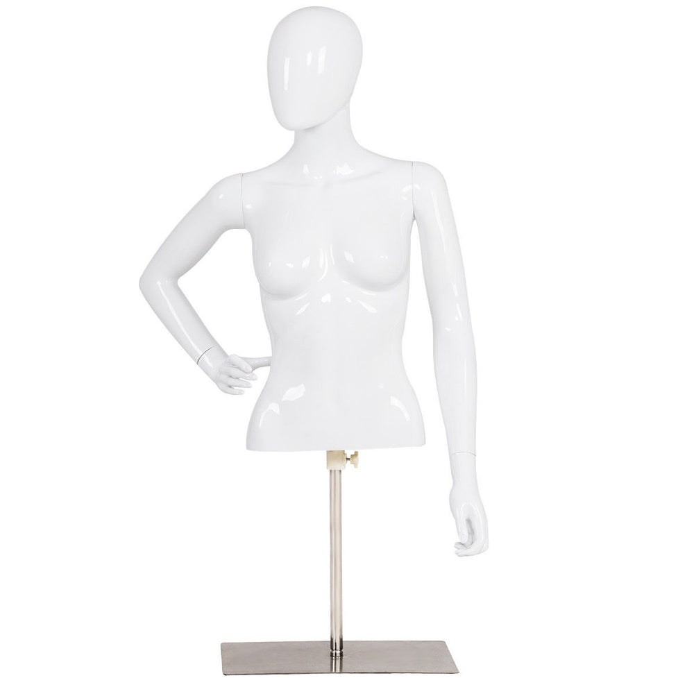 Female mannequin torso with a sleek design and adjustable height, showcasing an elegant arm pose for fashion displays.