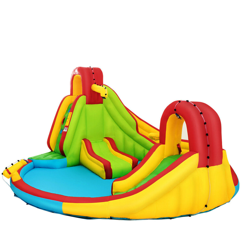 Inflatable water slide bounce park in bright colors with splash pool, two slides, and climbing walls for outdoor fun.