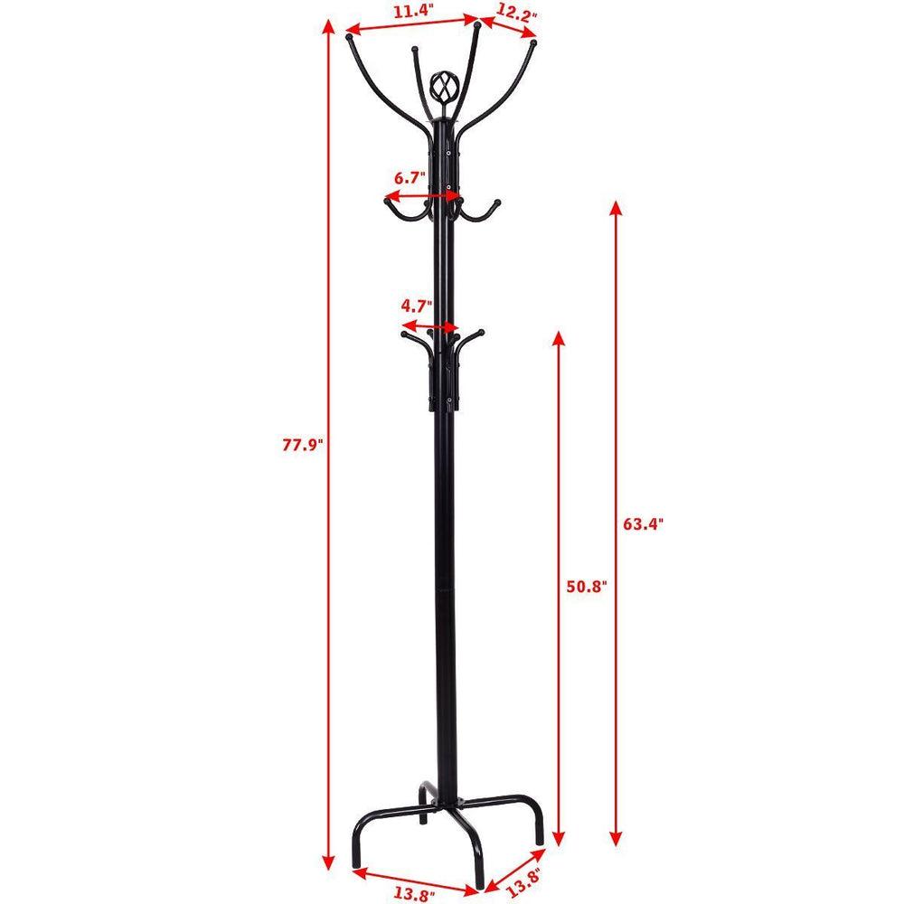 Metal coat rack with 12 hooks, featuring a sturdy base and elegant design, perfect for coats, hats, and accessories.