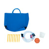 Blue carrying bag with stakes, hose, and repair kit for the Kids Inflatable Water Slide Bounce Park.