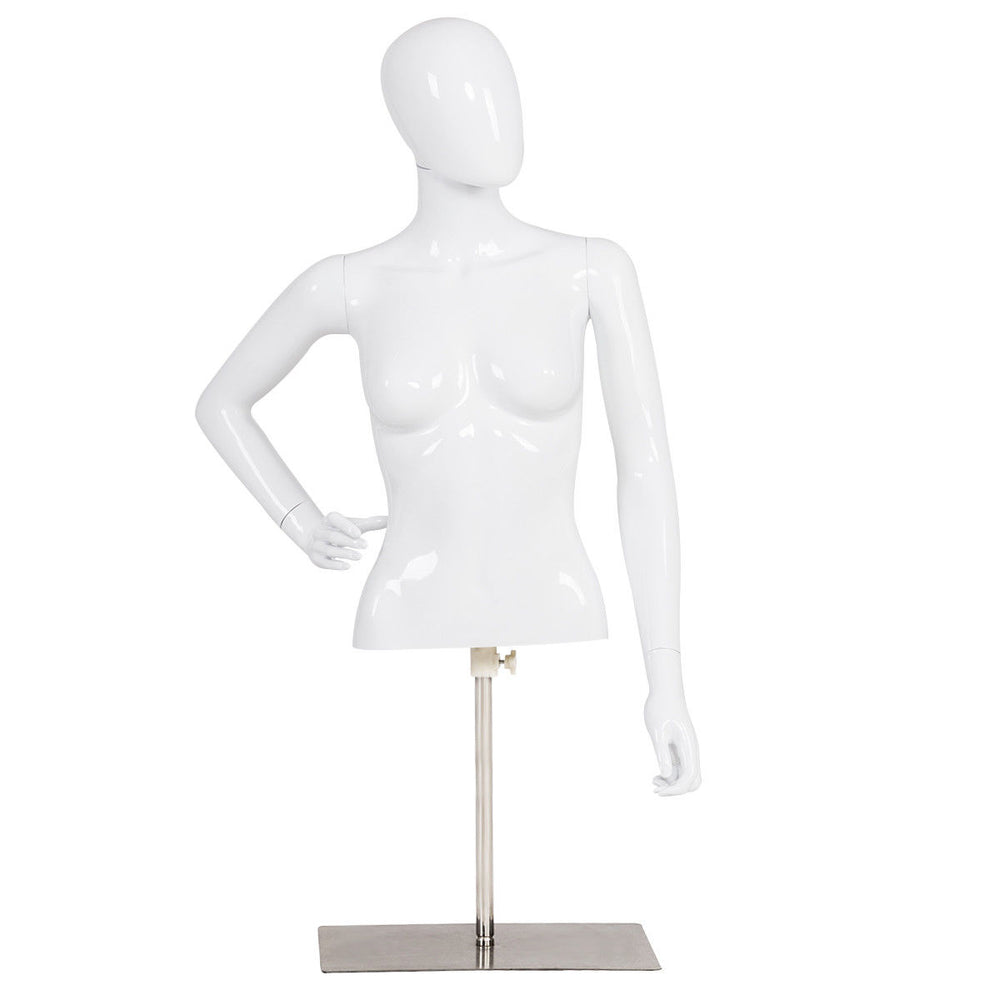 Female mannequin torso with adjustable height and metal stand, featuring a bright white finish for displaying clothing.