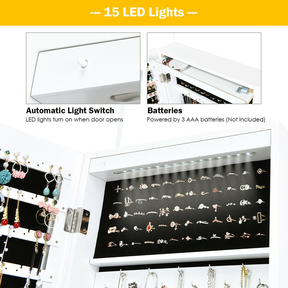 Wall mounted jewelry cabinet with LED lights, lockable design, and full-length mirror for secure storage and easy.