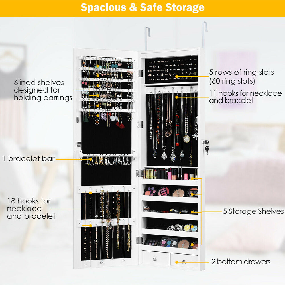 Wall mounted jewelry cabinet with LED light, featuring 5 rows for rings, 18 hooks for necklaces, and 2 bottom drawers.