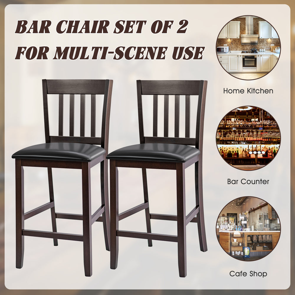 Set of 2 bar stools with rubber wood legs, ergonomic backrest, and cushioned seats for stylish home kitchen use.