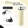 22 oz double-walled insulated stainless steel water bottle in beige with wide mouth lid, flip-up straw lid, and straw.