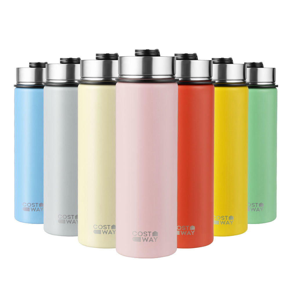 Colorful 22 oz double-walled insulated stainless steel water bottles with two lids, ideal for camping and outdoor.