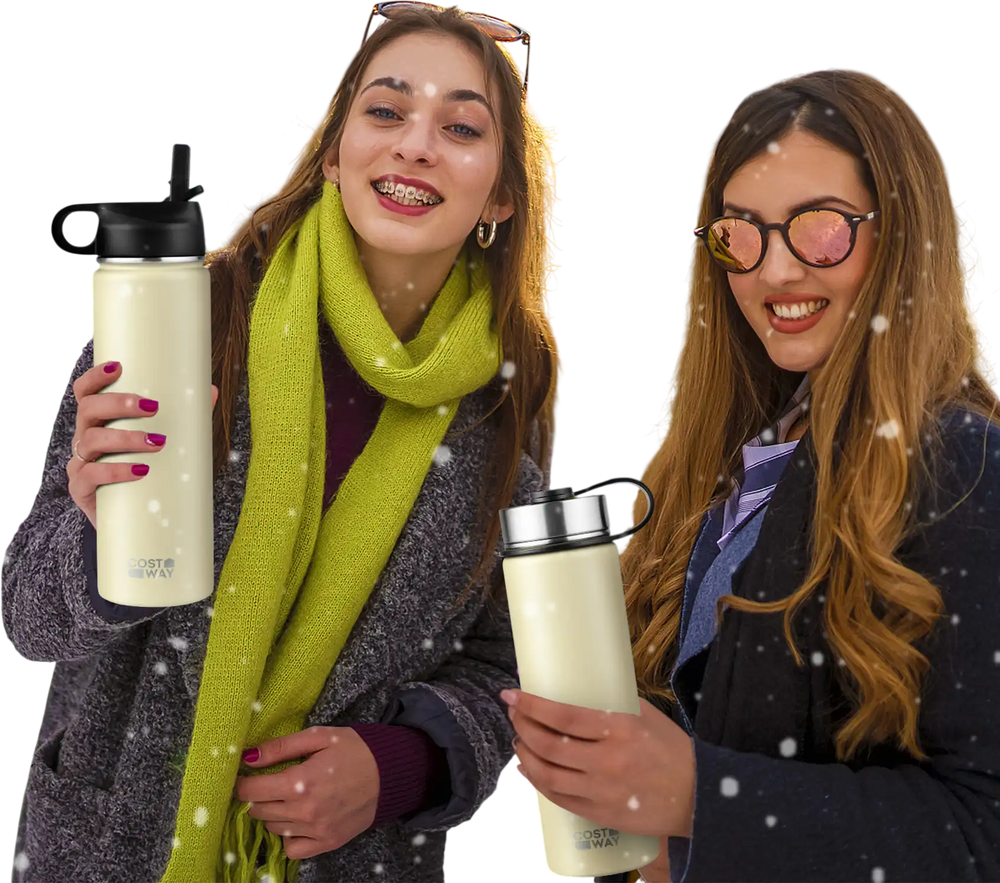 Two women holding a 22 oz beige insulated stainless steel water bottle, ideal for camping and outdoor activities.