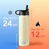 22 oz double-walled insulated stainless steel water bottle in beige, keeps drinks cold for 24 hours and hot for 12.