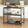 Kitchen island with gray finish, three shelves, wine glass holders, and hooks for kitchen gadgets, perfect for food.