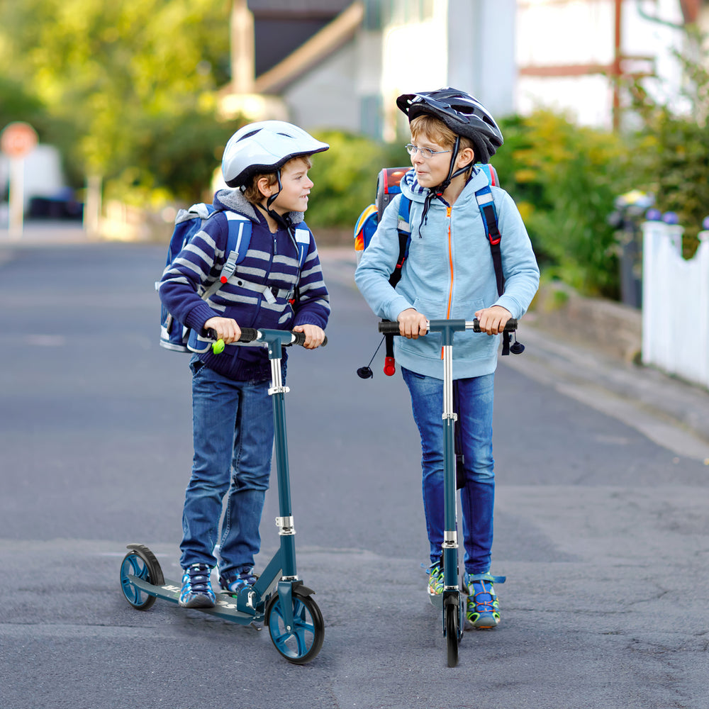 Two kids riding the Folding Aluminum Alloy Scooter in blue, featuring adjustable height and large PU tires for safety.