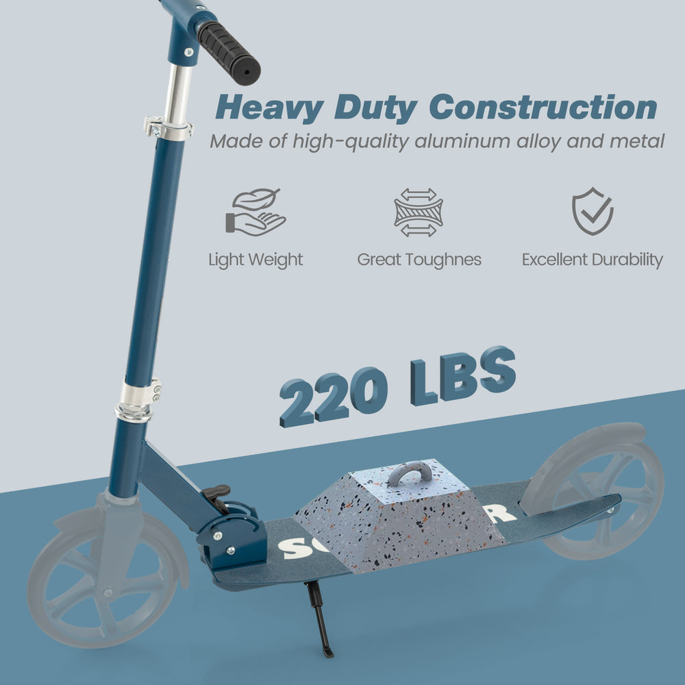 Folding aluminum alloy scooter in blue with adjustable height, 8" PU tires, and supports up to 220 lbs for safe rides.