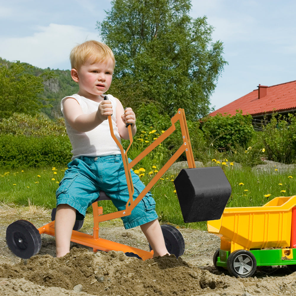 Child operating a heavy-duty ride-on sand digger with a sturdy steel frame, perfect for outdoor play and coordination.