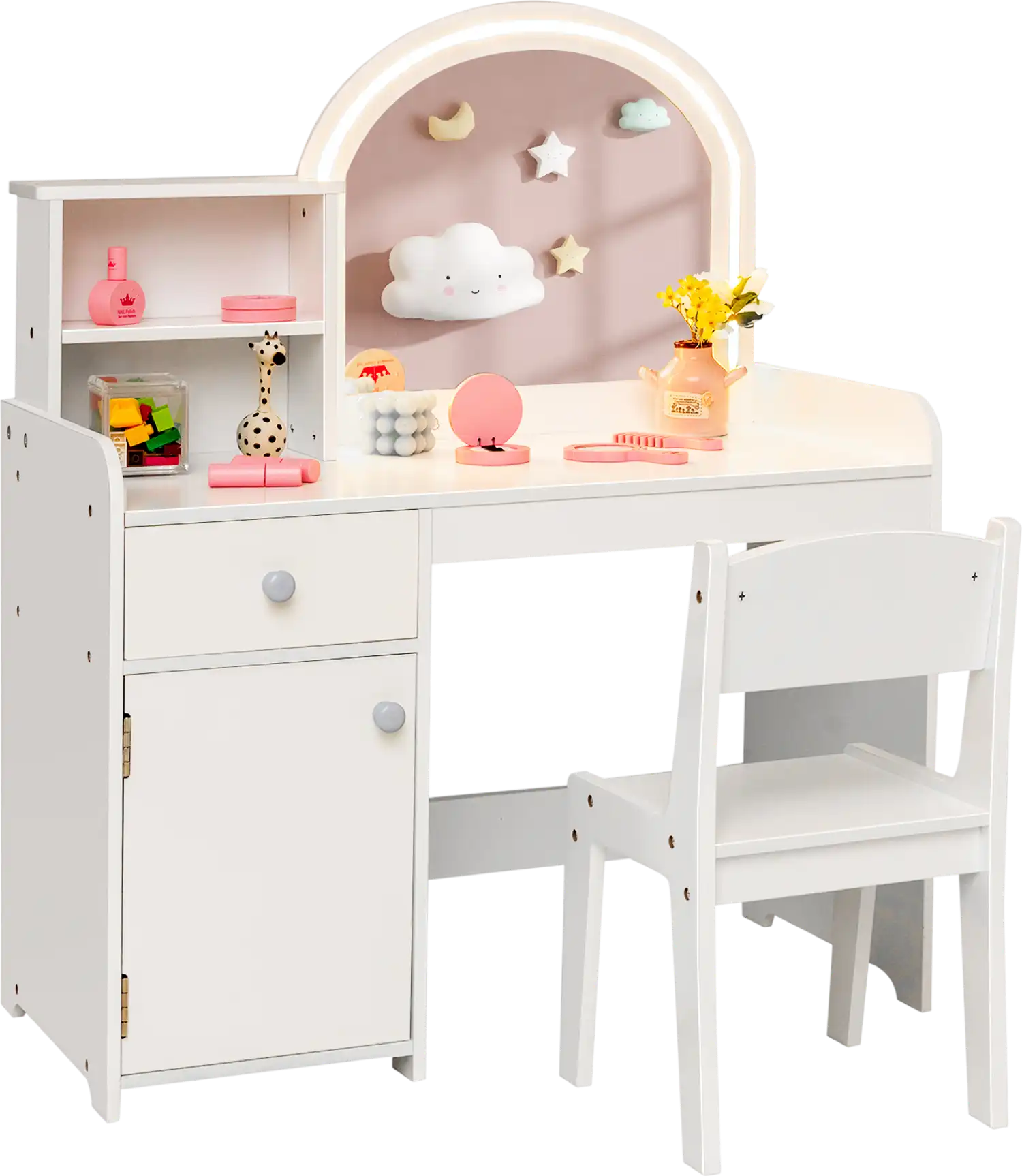 Costway Kids Vanity Table & Chair Set w/ Lighted Mirror Shelves Drawer Cabinet 56849132 New
