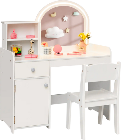 Costway Kids Vanity Table & Chair Set w/ Lighted Mirror Shelves Drawer Cabinet 56849132 New