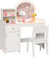 Kids vanity table and chair set in white with shelves, drawer, and LED lights for stylish and secure playtime.