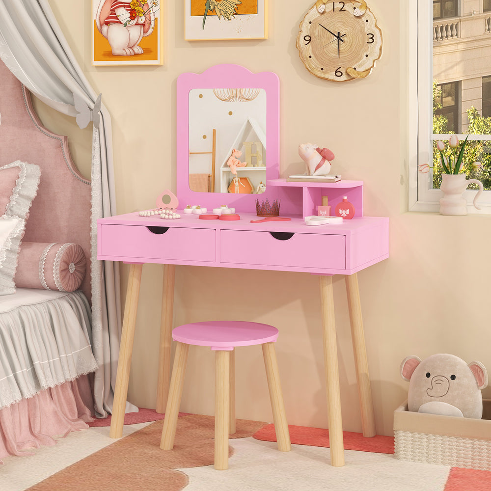 Kid Vanity Table Chair Set with Mirror and 2 Large Storage Drawers-Pink - Gallery View 1 of 10