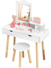 Kid vanity table and chair set in white with mirror, featuring two large storage drawers for organized play.