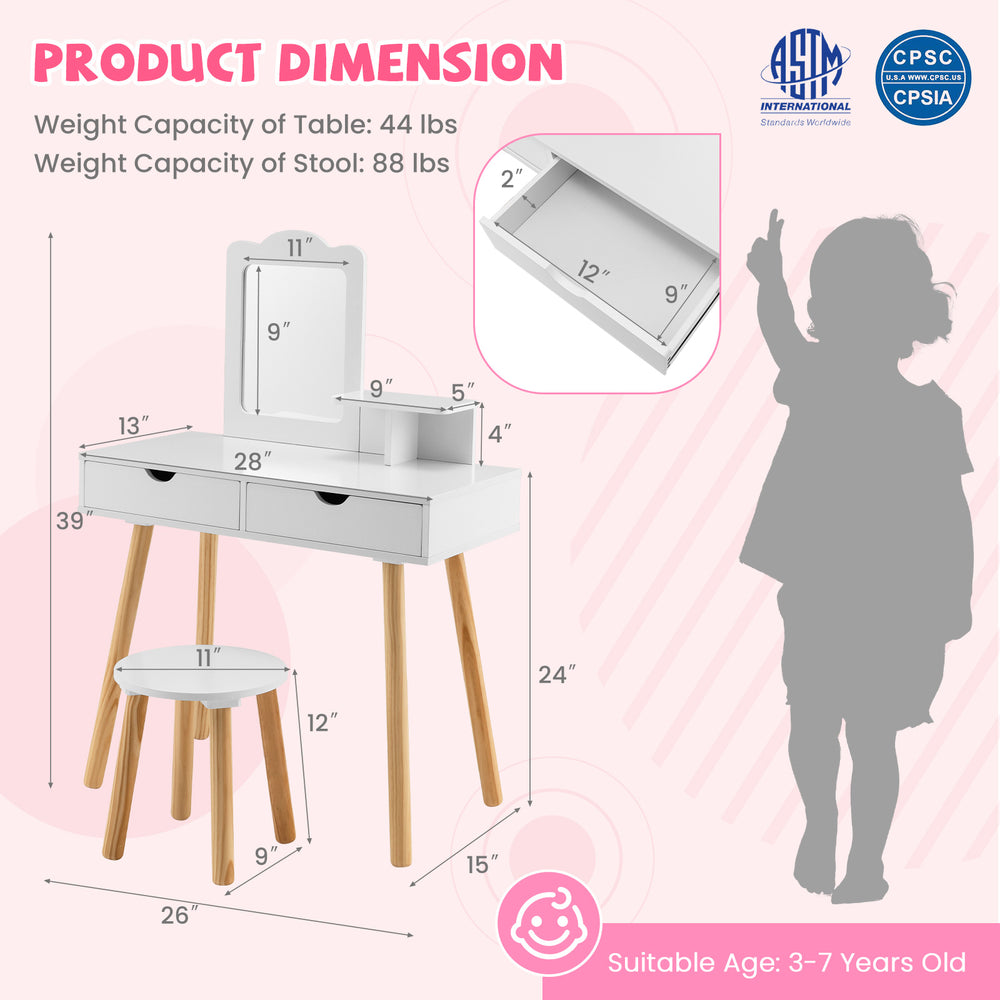 Kid vanity table and stool set in white with mirror, featuring large storage drawers for ages 3-7 years.