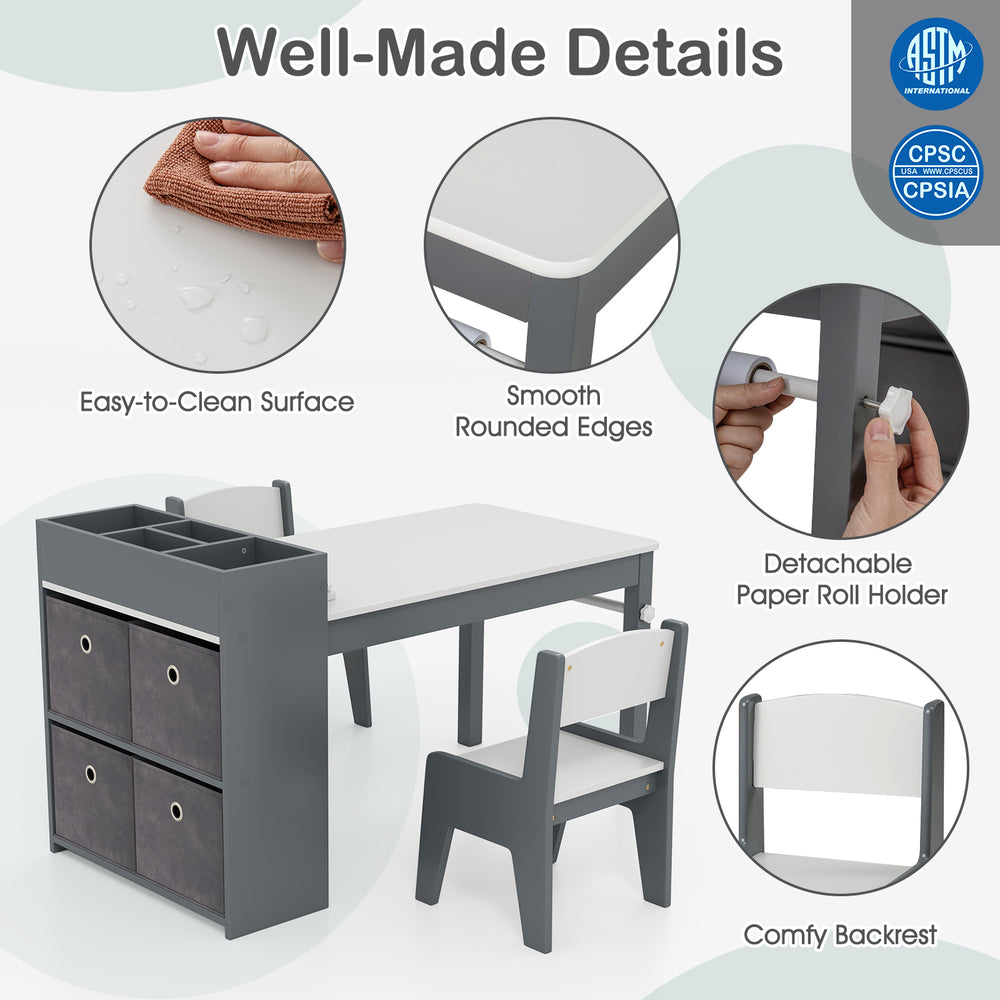 Kids art table set in gray with 2 ergonomic chairs, smooth surface, and detachable paper roll holder for creative.