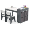Kids art table set in gray with 2 ergonomic chairs, storage bins, and a paper roll holder for creative activities.