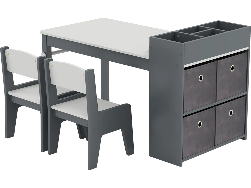 Gray kids art table and chair set featuring a large tabletop, ergonomic seating, and convenient storage compartments.