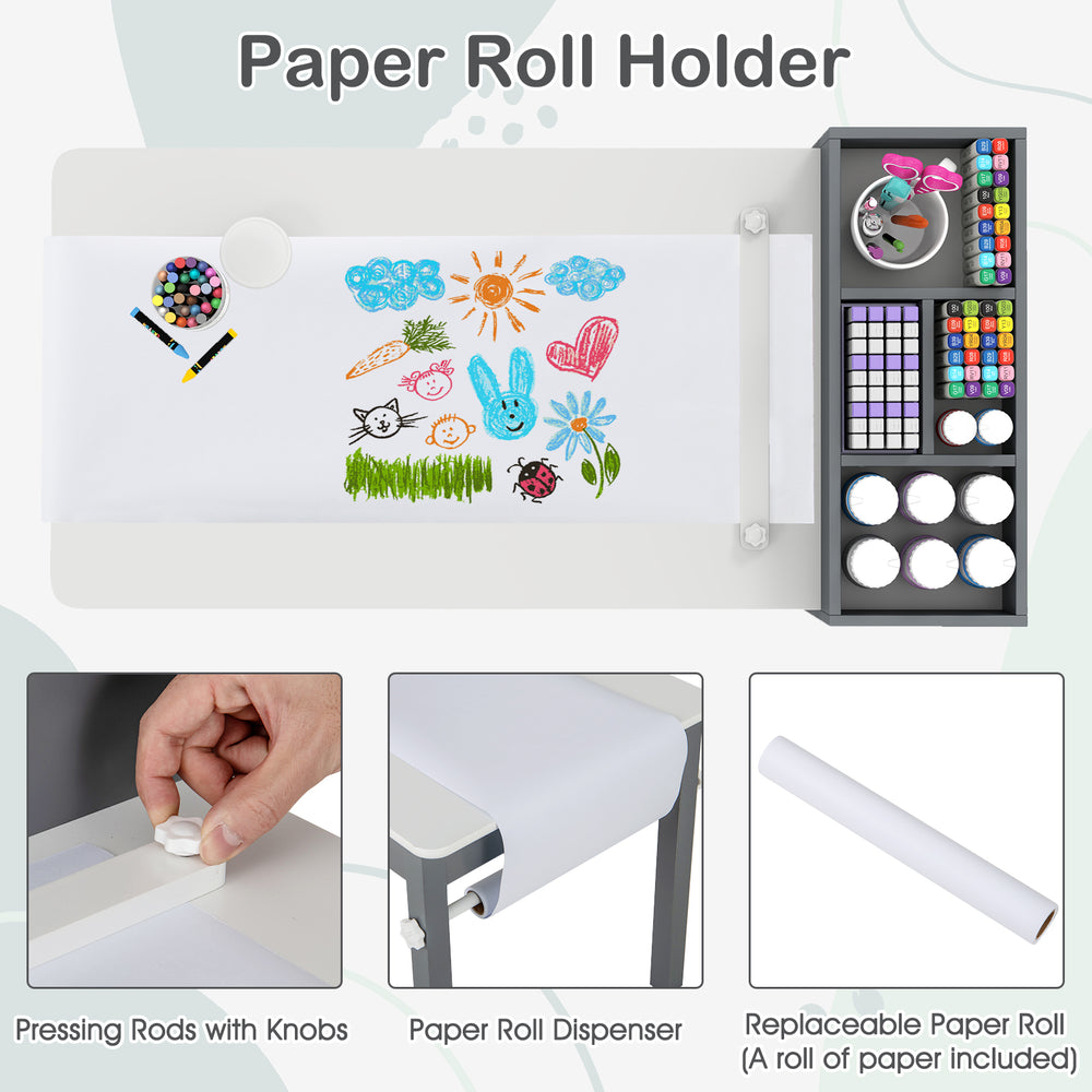 Kids art table with paper roll holder, gray, includes 2 ergonomic chairs and storage bins for creative activities.
