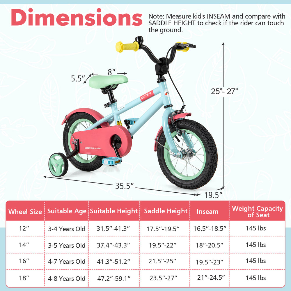 Kids bike with adjustable handlebar and saddle, 12-inch wheels, designed for ages 3-8, featuring removable training.