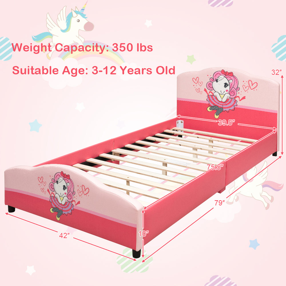 Kids upholstered platform toddler bed with cute girl pattern, robust PVC material, and adjustable height for ages 3-12.
