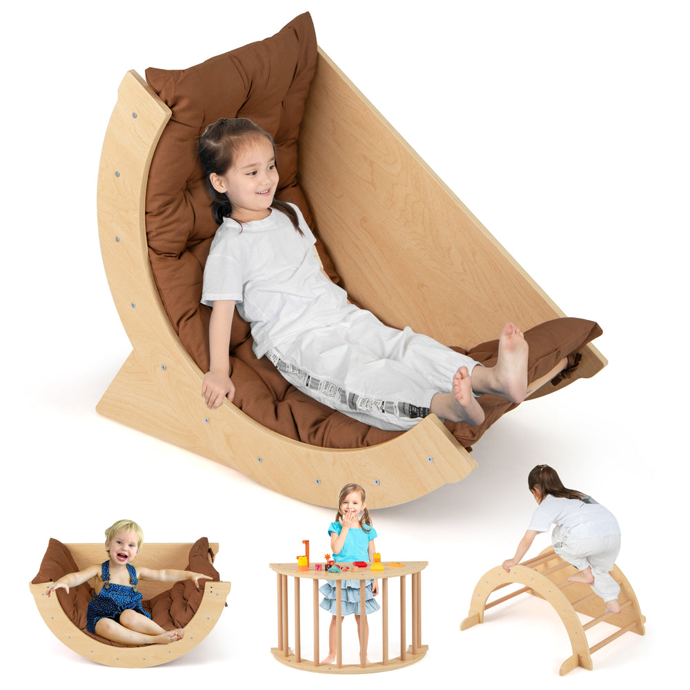 Kids climbing arch with cushion in coffee color, used as a recliner and rocker for toddlers, promoting active play.