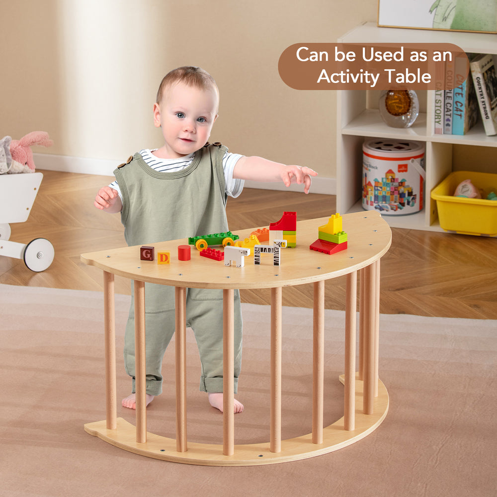 Kids climbing arch with cushion, used as an activity table, made of solid wood for safe play and learning.