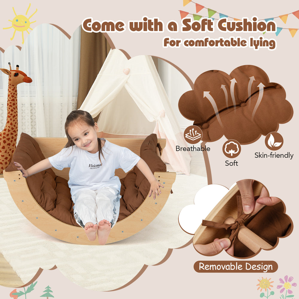 Kids climbing arch with soft, removable cushion in coffee color, perfect for climbing, rocking, and comfortable lying.