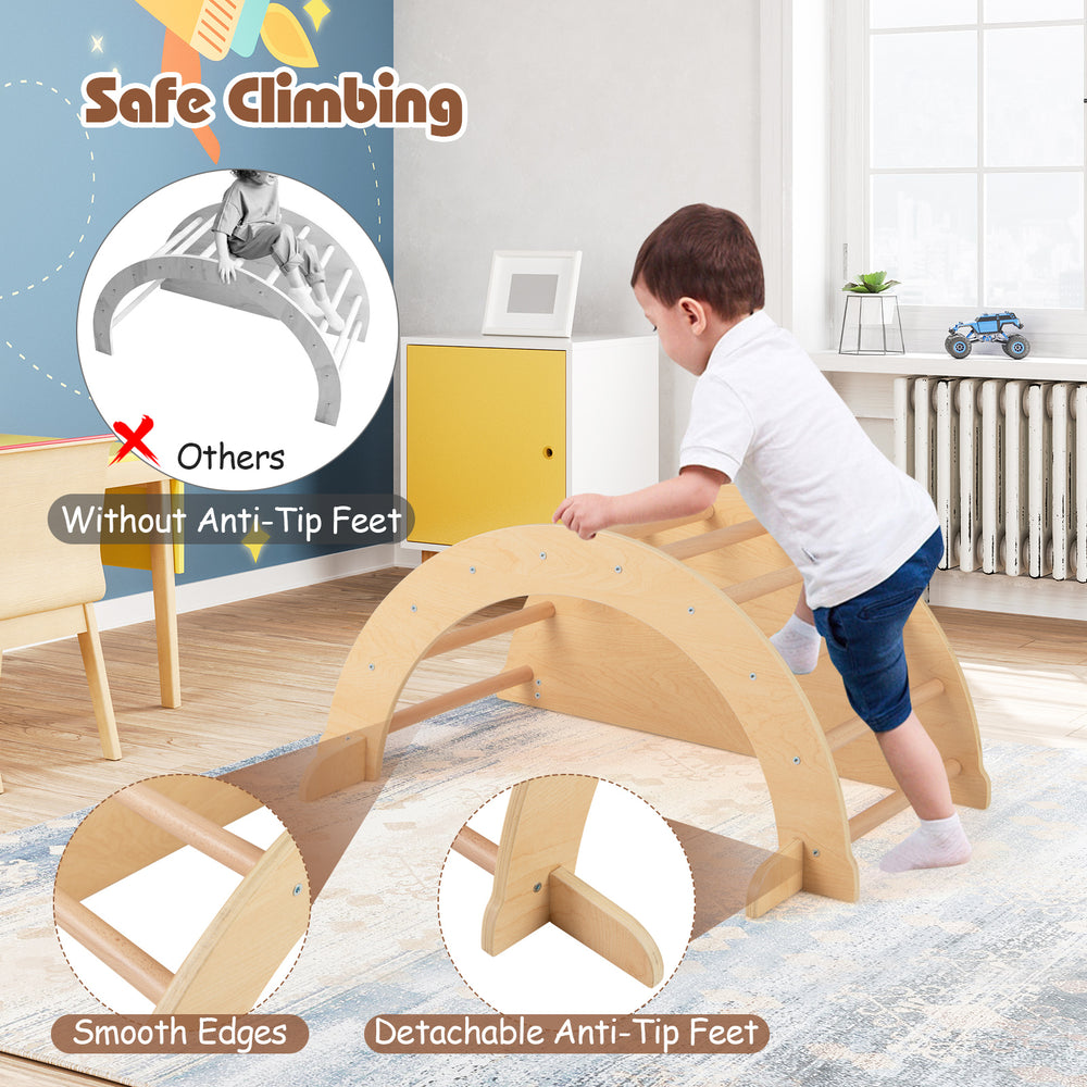 Kids climbing arch in coffee color with detachable anti-tip feet, perfect for safe play and learning activities.