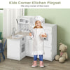 Kids kitchen playset featuring a compact L-shaped design with stove, sink, and refrigerator for realistic cooking fun.